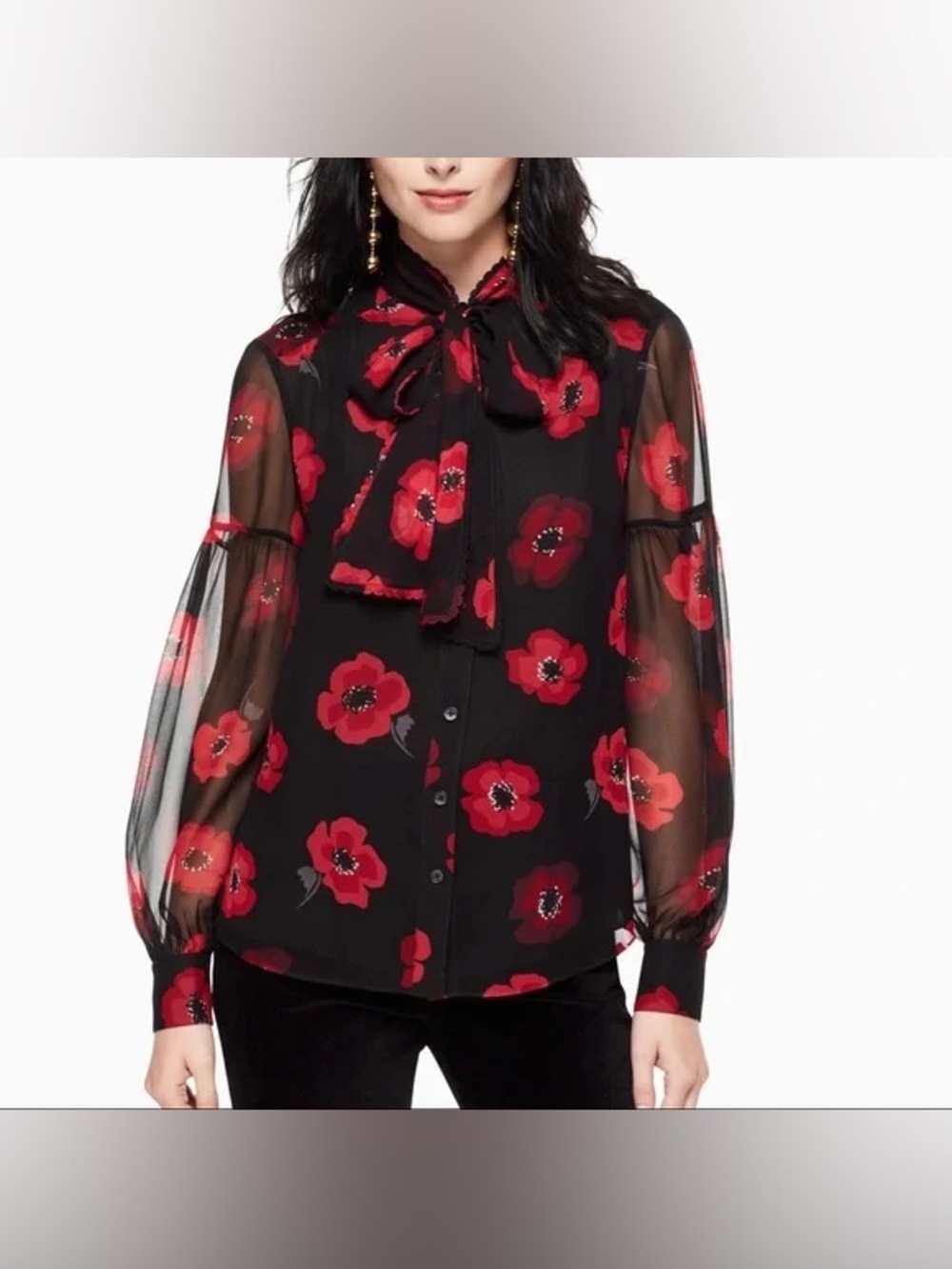 Kate Spade Silk Poppy Chiffon Floral Bow Blouse Black Red XL